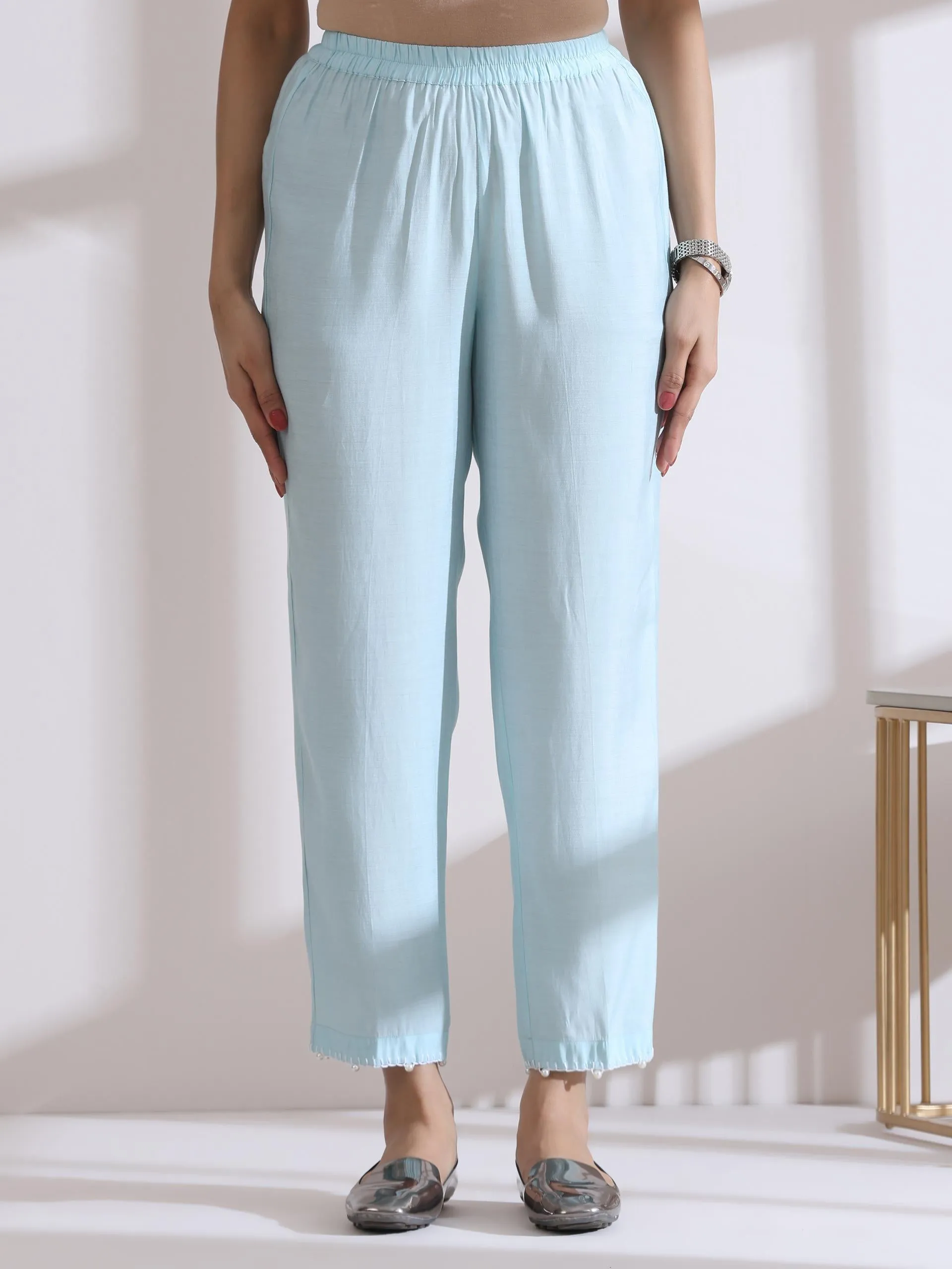 2 Pc Set - Airskin Light Blue Kurta With Handstitched Pearls On Kurta Front Back and Pants