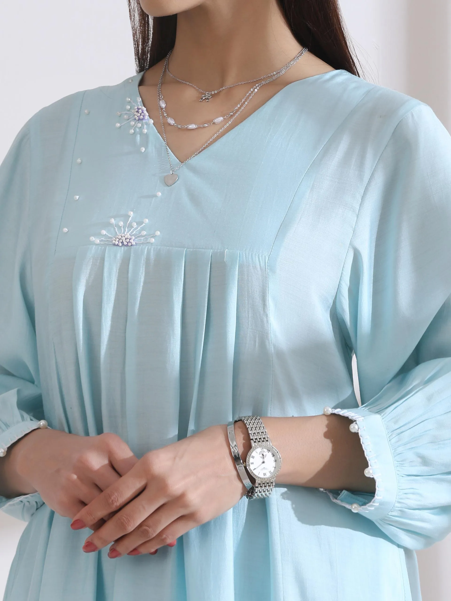 2 Pc Set - Airskin Light Blue Kurta With Handstitched Pearls On Kurta Front Back and Pants