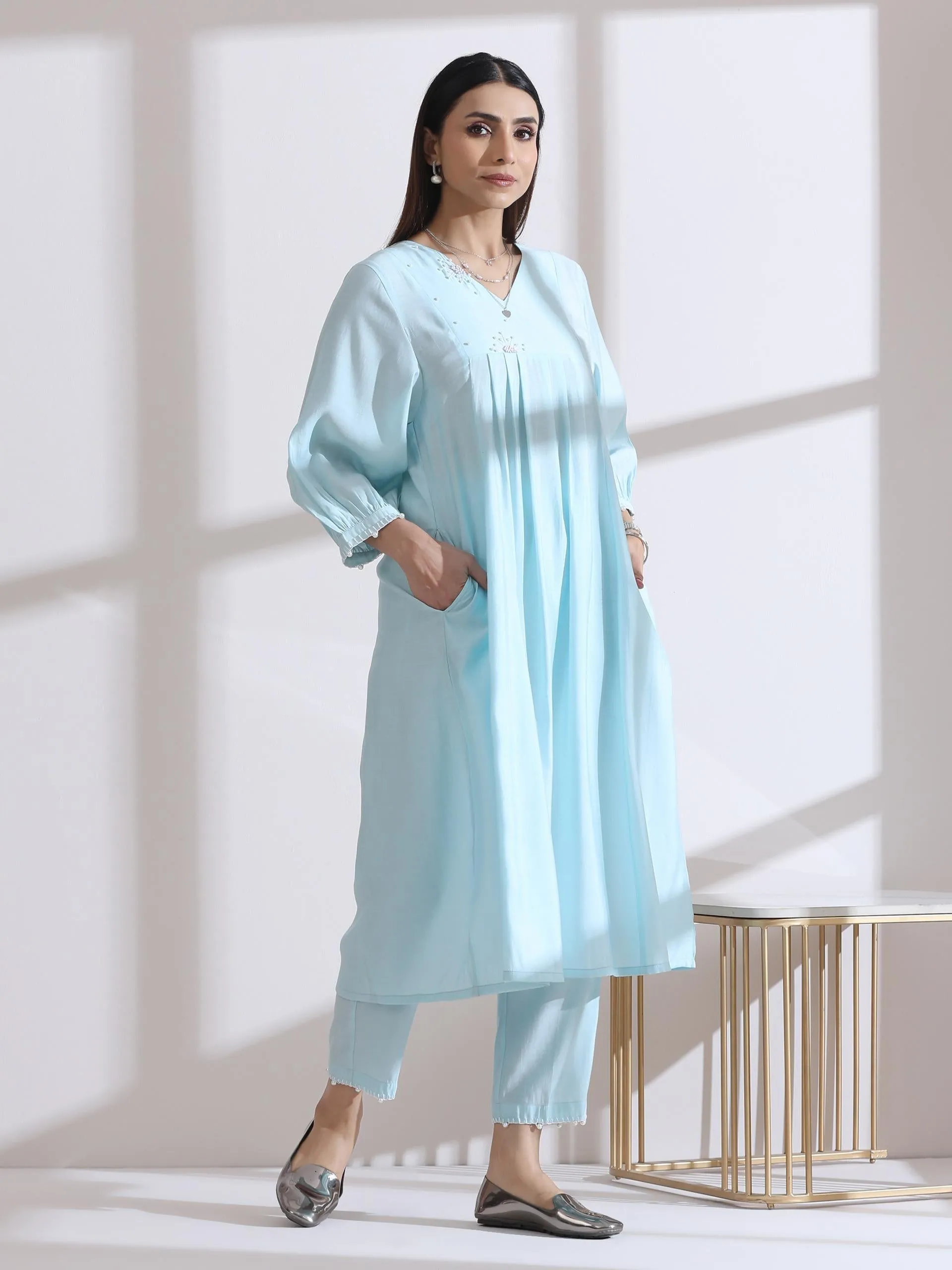 2 Pc Set - Airskin Light Blue Kurta With Handstitched Pearls On Kurta Front Back and Pants