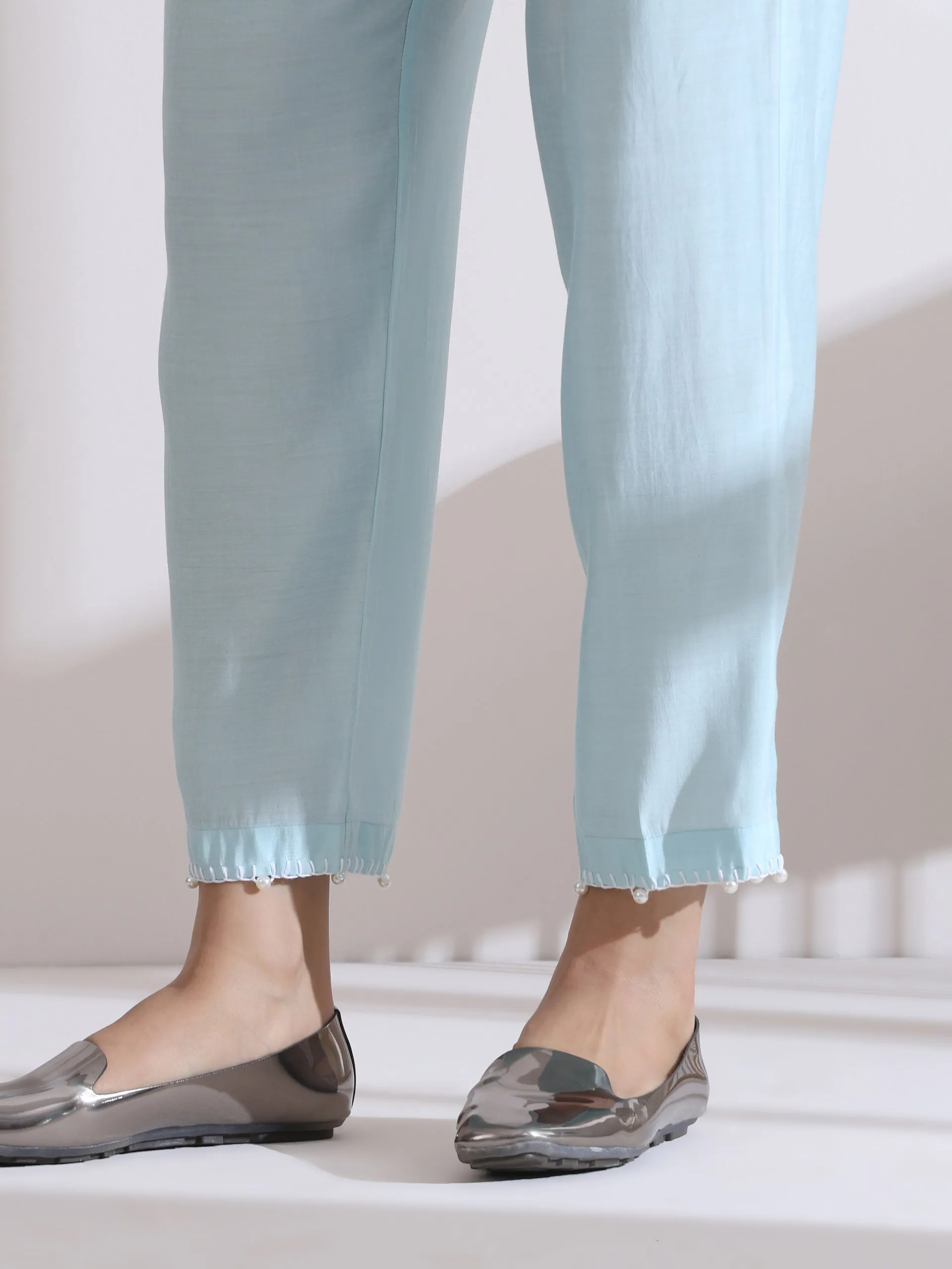 2 Pc Set - Airskin Light Blue Kurta With Handstitched Pearls On Kurta Front Back and Pants
