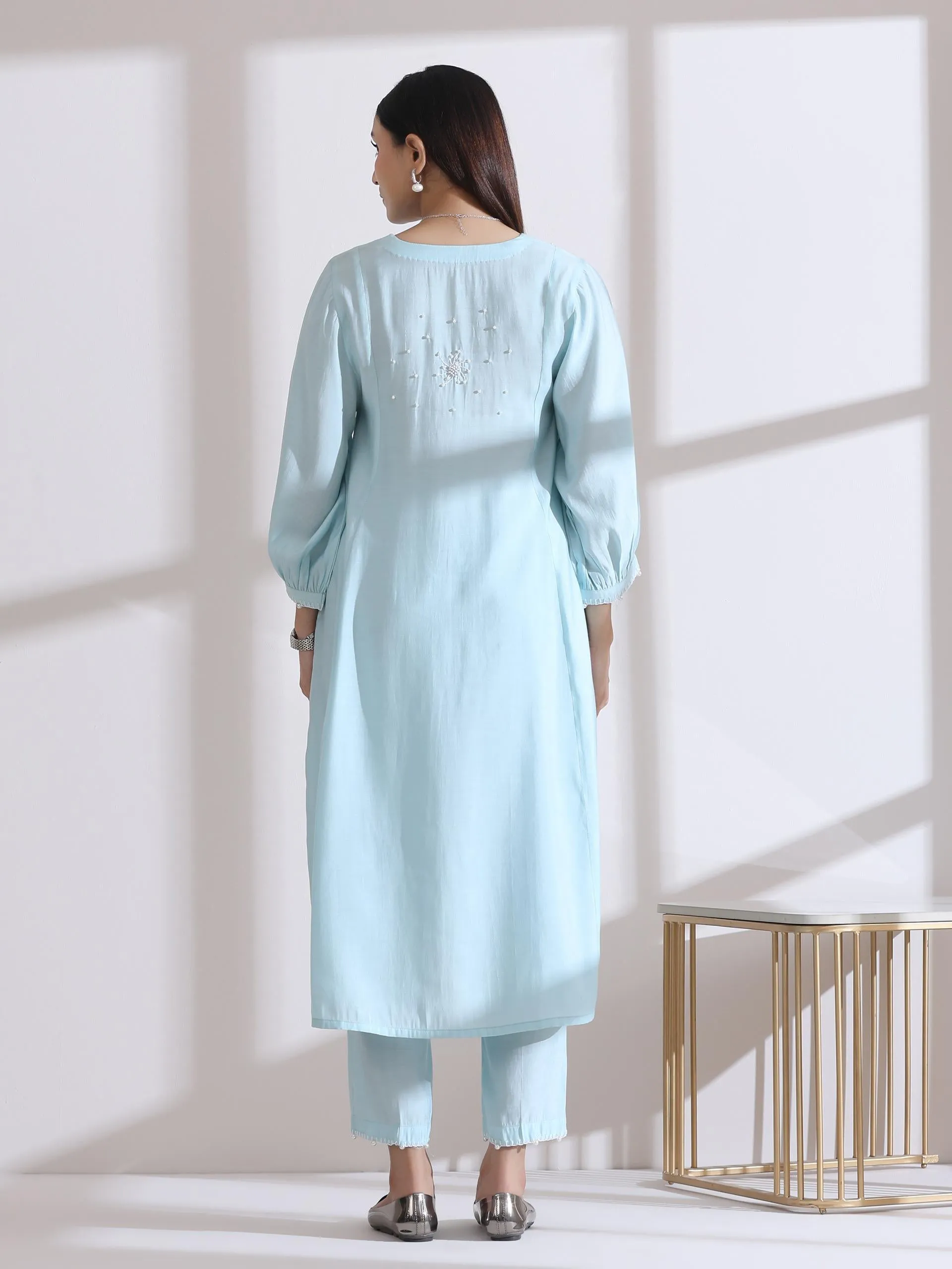 2 Pc Set - Airskin Light Blue Kurta With Handstitched Pearls On Kurta Front Back and Pants