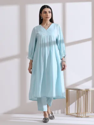 2 Pc Set - Airskin Light Blue Kurta With Handstitched Pearls On Kurta Front Back and Pants
