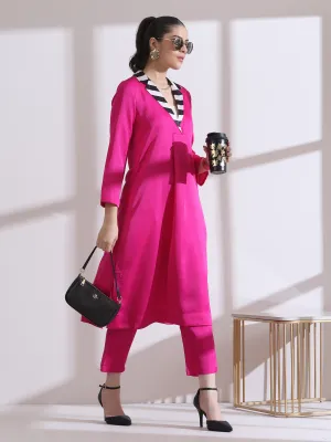 2 Pc Set - Prf'T Lux Fuchsia Striped Collar Kurta With Pants