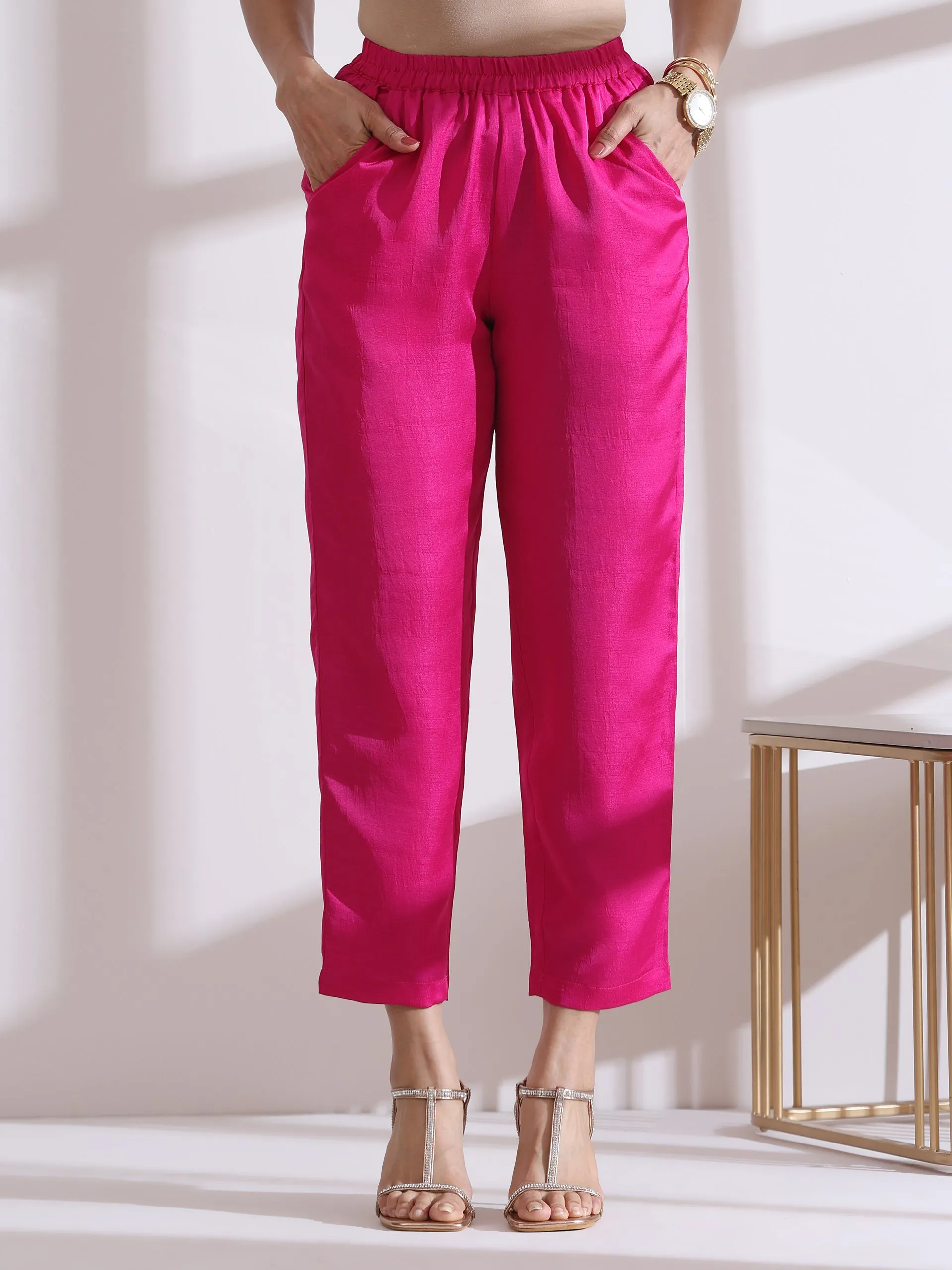 2 Pc Set - Prf'T Lux Fuchsia Striped Collar Kurta With Pants