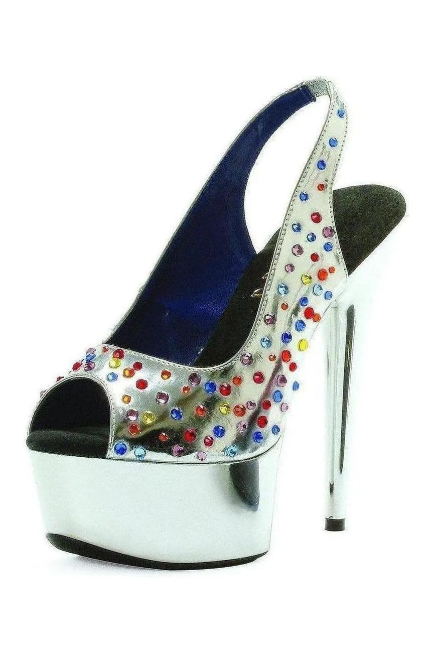 609-BEDAZZLED Platform Sandal | Silver Faux Leather