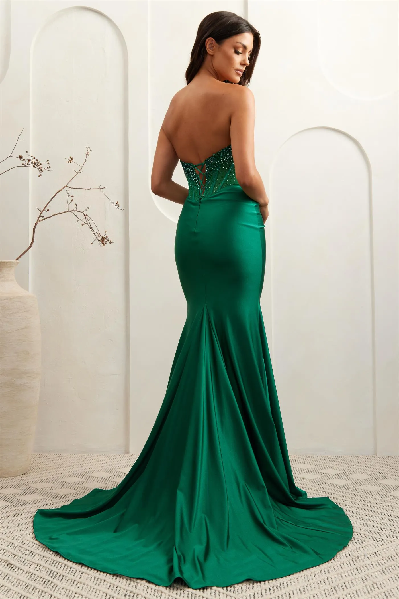 AC 3042 - Strapless Fit & Flare Prom Gown with Rhinestone Embellished Sheer Corset & Leg Slit