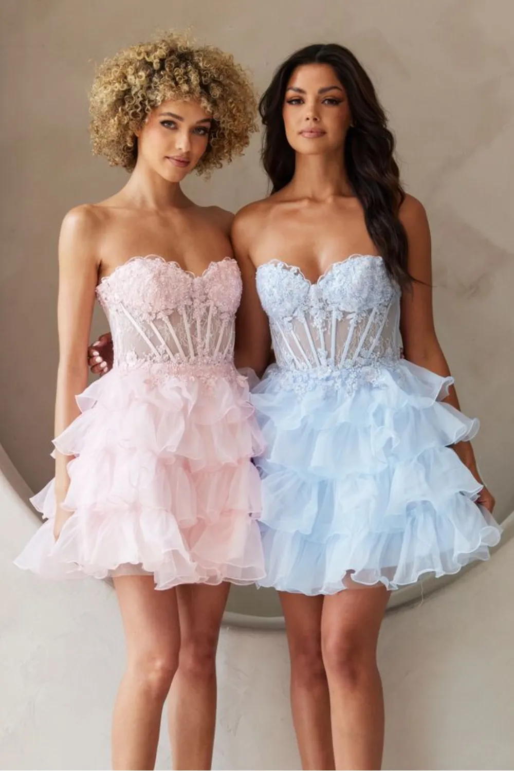 AC BZ9032S - Short A-Line Homecoming Dress with Tiers of Ruffles & Embellished Boned Corset Bodice