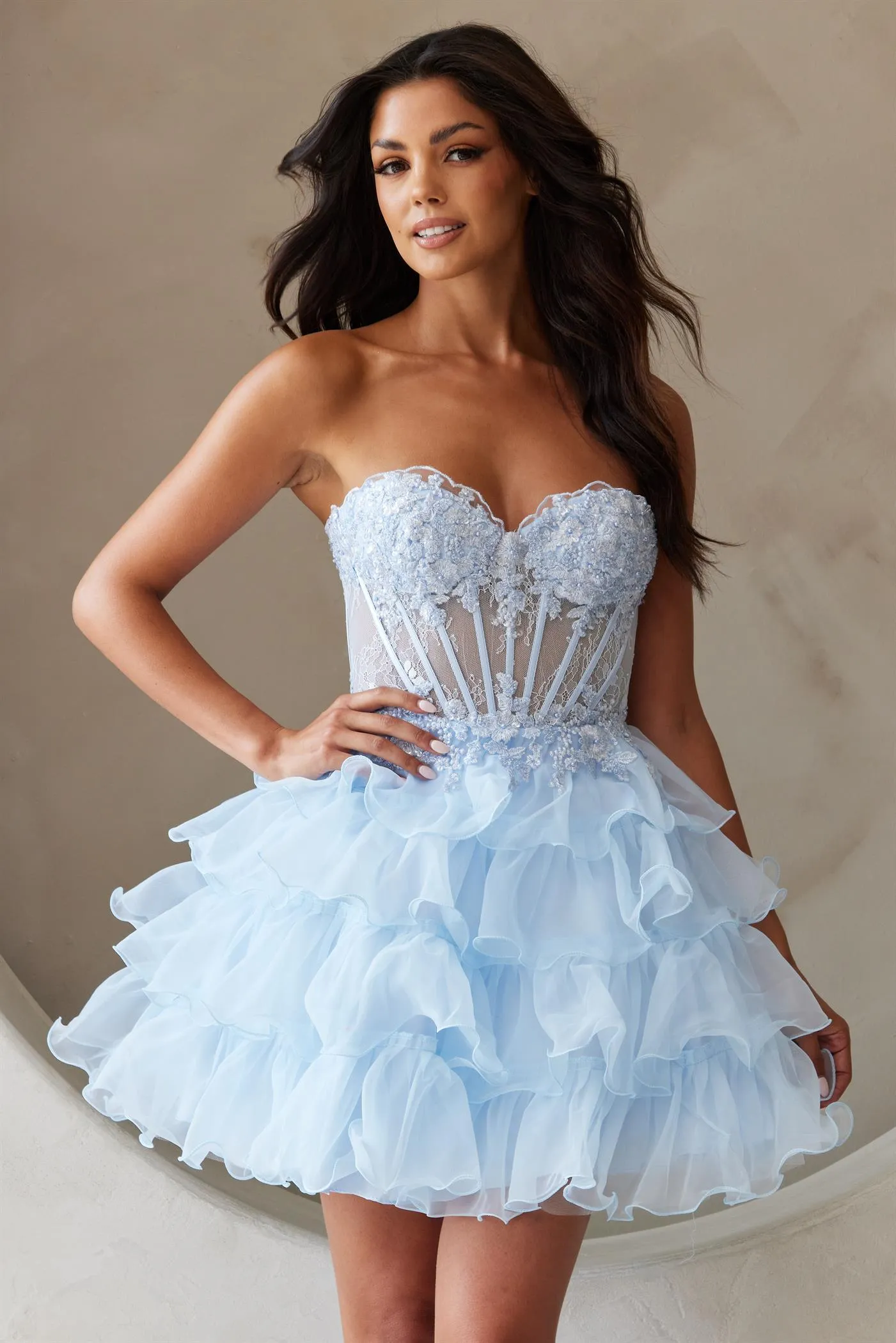 AC BZ9032S - Short A-Line Homecoming Dress with Tiers of Ruffles & Embellished Boned Corset Bodice