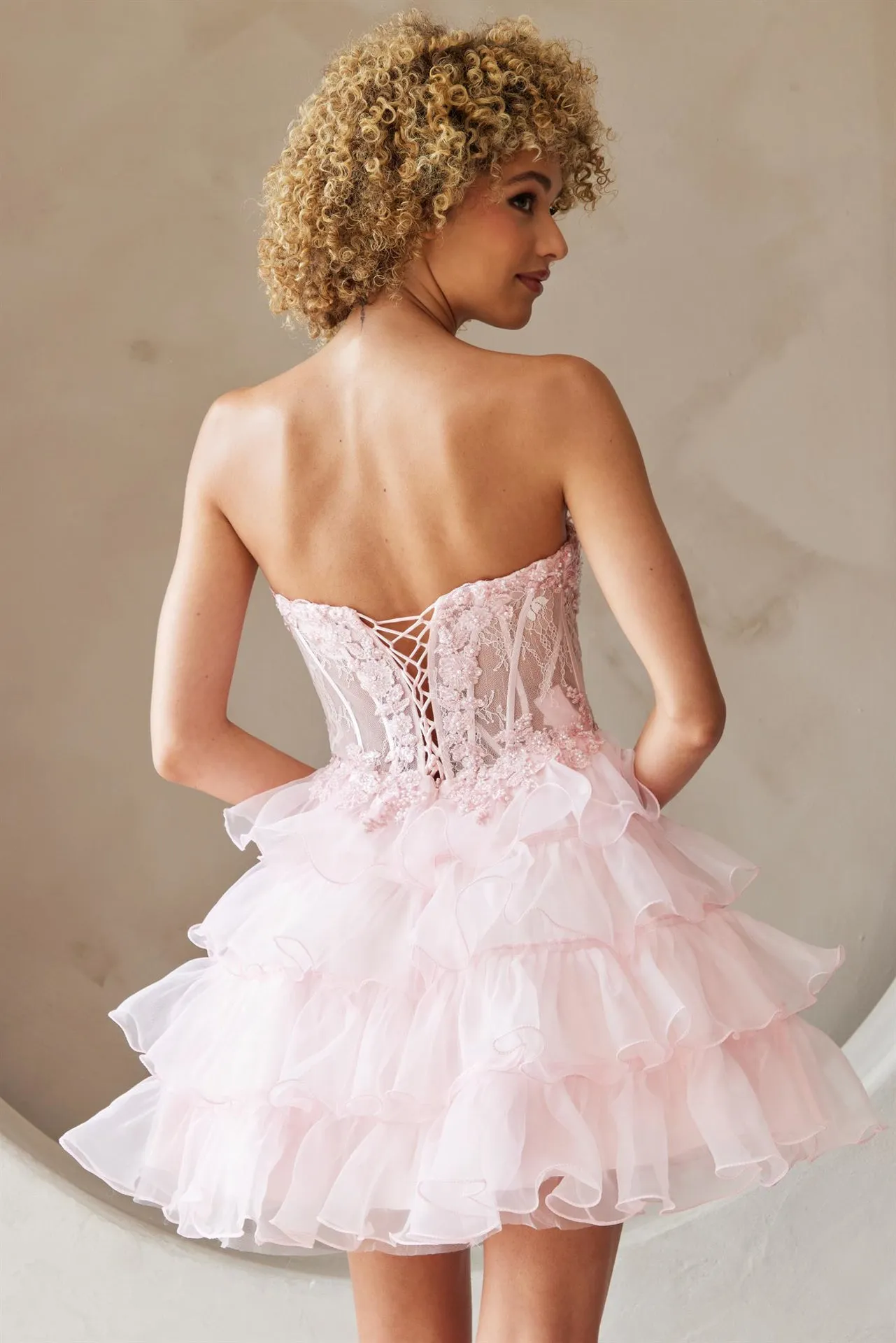 AC BZ9032S - Short A-Line Homecoming Dress with Tiers of Ruffles & Embellished Boned Corset Bodice