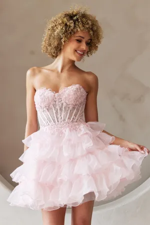 AC BZ9032S - Short A-Line Homecoming Dress with Tiers of Ruffles & Embellished Boned Corset Bodice