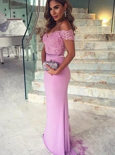 Amazing Mermaid Off Shoulder Sweep Train Lilac Bridesmaid Dress Formal Satin Prom Dress with Appliques V Neck Lace Evening Dress