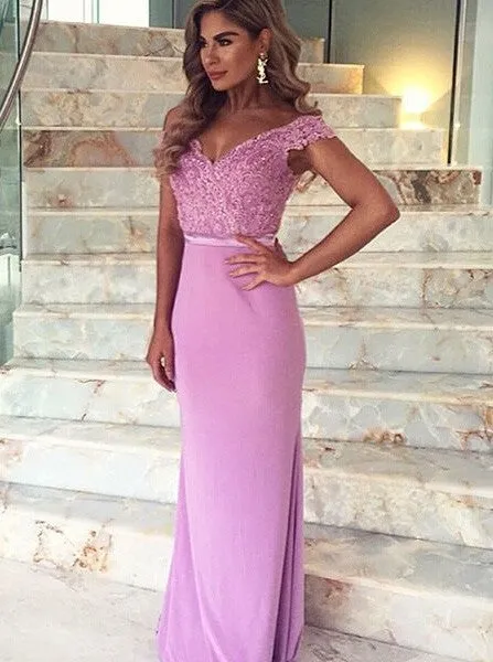 Amazing Mermaid Off Shoulder Sweep Train Lilac Bridesmaid Dress Formal Satin Prom Dress with Appliques V Neck Lace Evening Dress