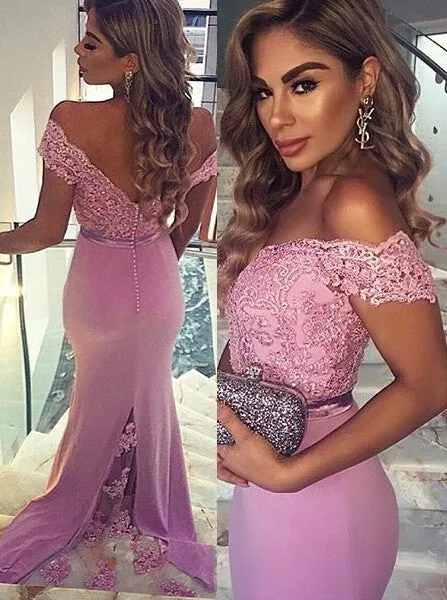 Amazing Mermaid Off Shoulder Sweep Train Lilac Bridesmaid Dress Formal Satin Prom Dress with Appliques V Neck Lace Evening Dress