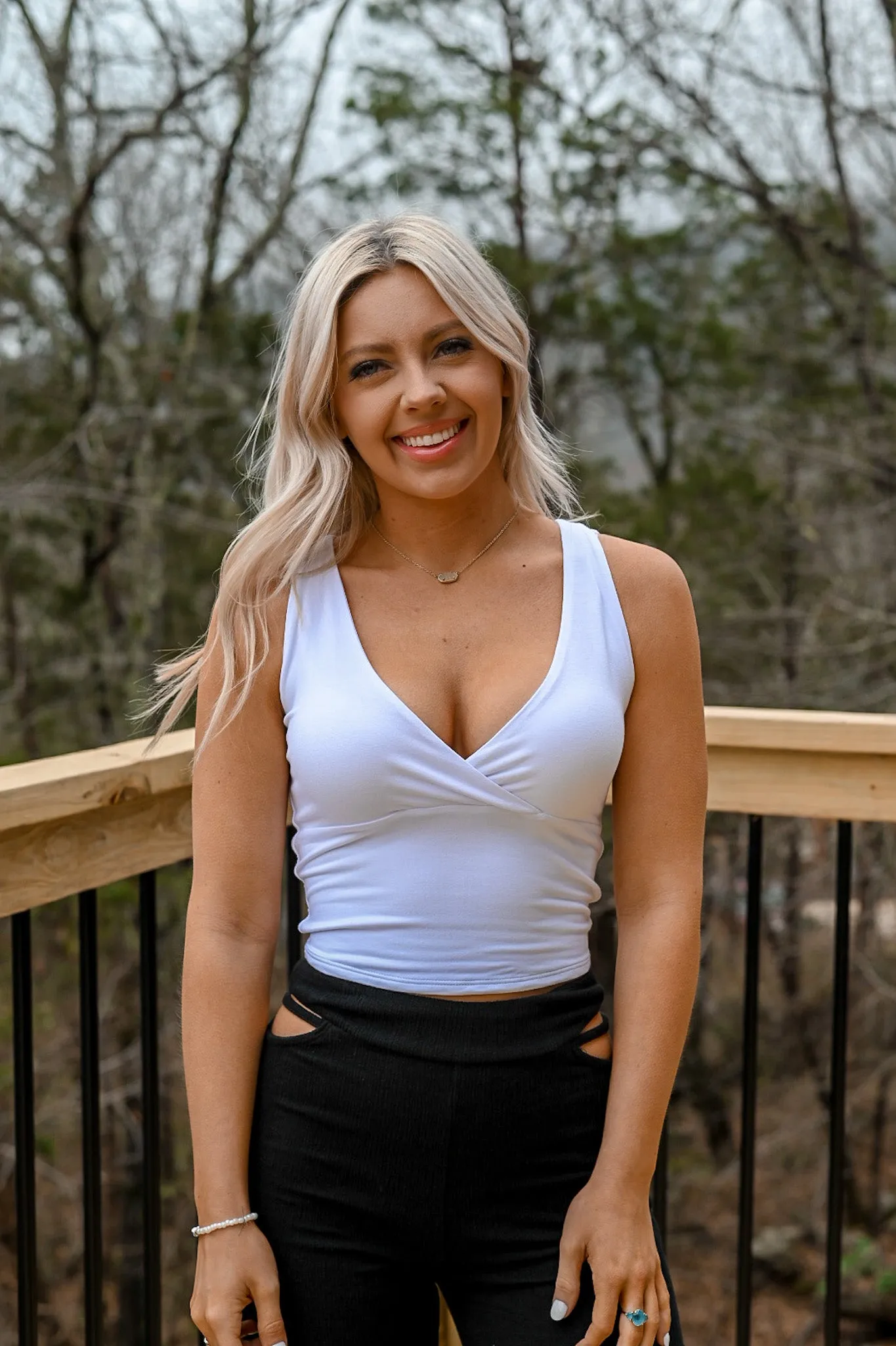 Basic Crossover V-Neck Tank- White