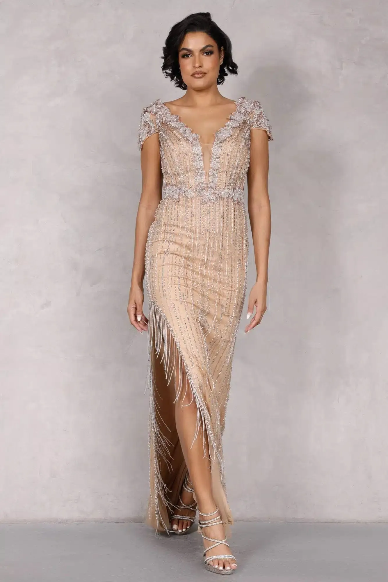 Beaded Gown with Fringe Beaded Slit