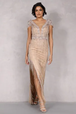 Beaded Gown with Fringe Beaded Slit