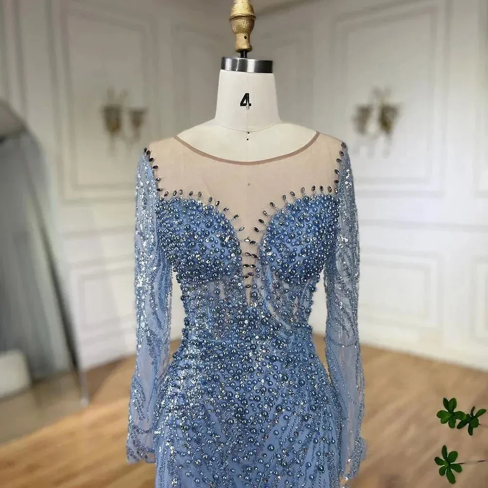 Blue Elegant Mermaid Evening Dress Luxurious Pearl Beaded Gown