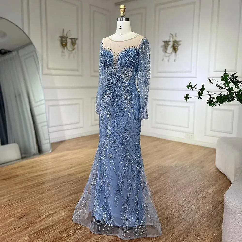 Blue Elegant Mermaid Evening Dress Luxurious Pearl Beaded Gown