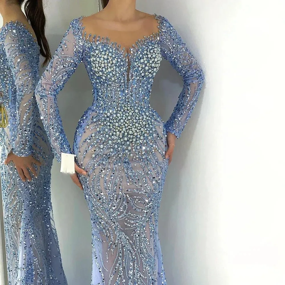 Blue Elegant Mermaid Evening Dress Luxurious Pearl Beaded Gown