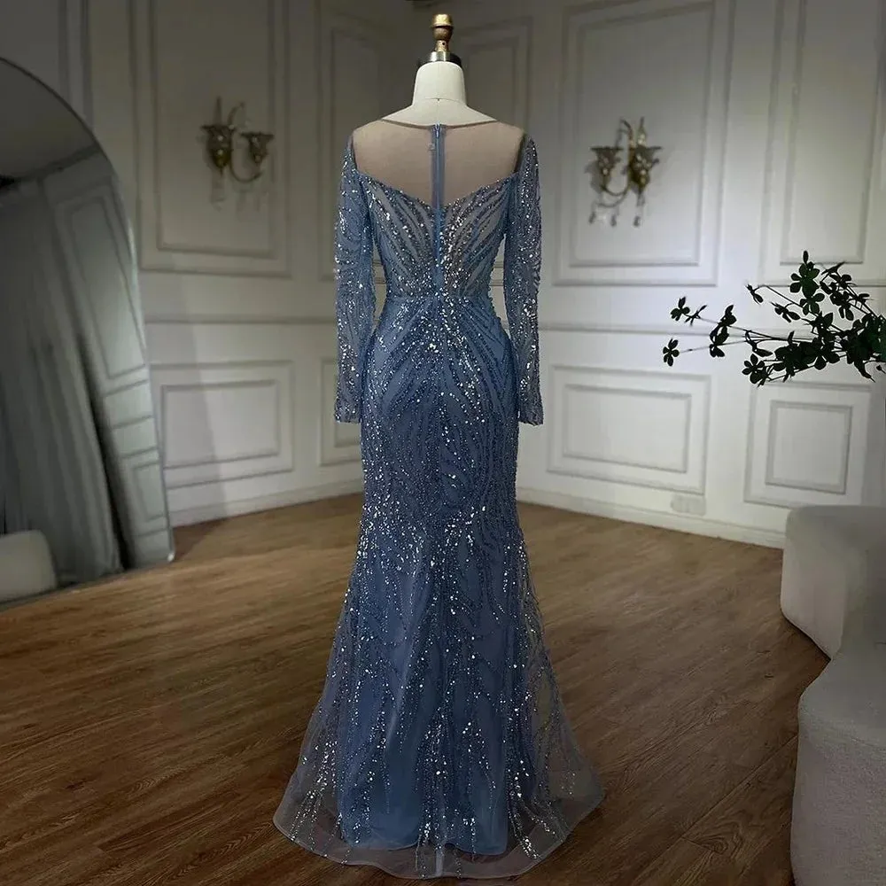Blue Elegant Mermaid Evening Dress Luxurious Pearl Beaded Gown