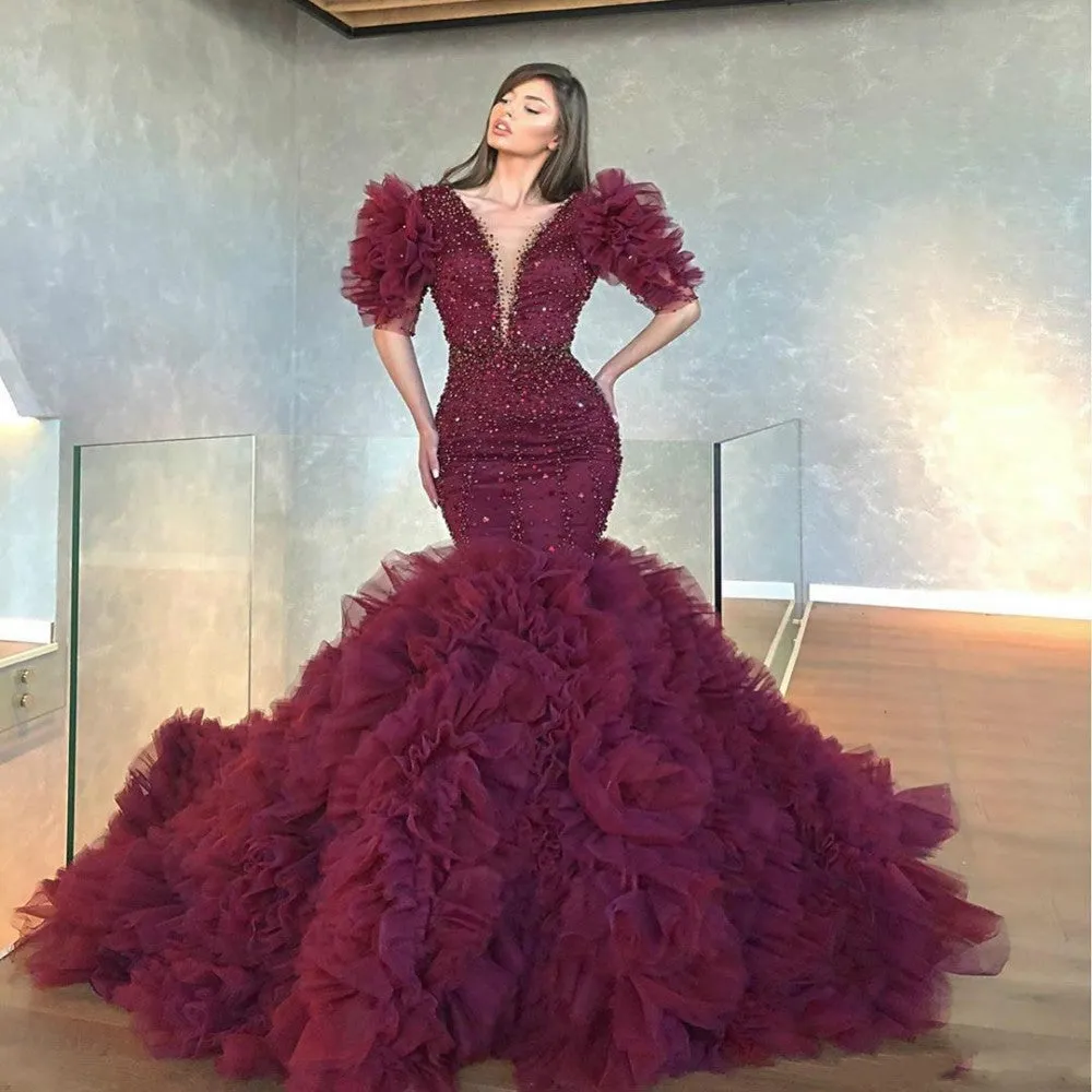burgundy evening dresses long tiered deep v neck beaded modest elegant sparkly formal evening gown