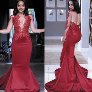 Burgundy evening dresses sleeveless mermaid backless lace appliqué elegant sexy formal dresses long