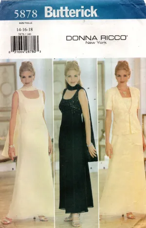 Butterick 5878 DONNA RICCO Womens EASY Evening Empire Waisted Dress Jacket & Scarf 1990s Vintage Sewing Pattern Size 14 - 18 UNCUT Factory Folded