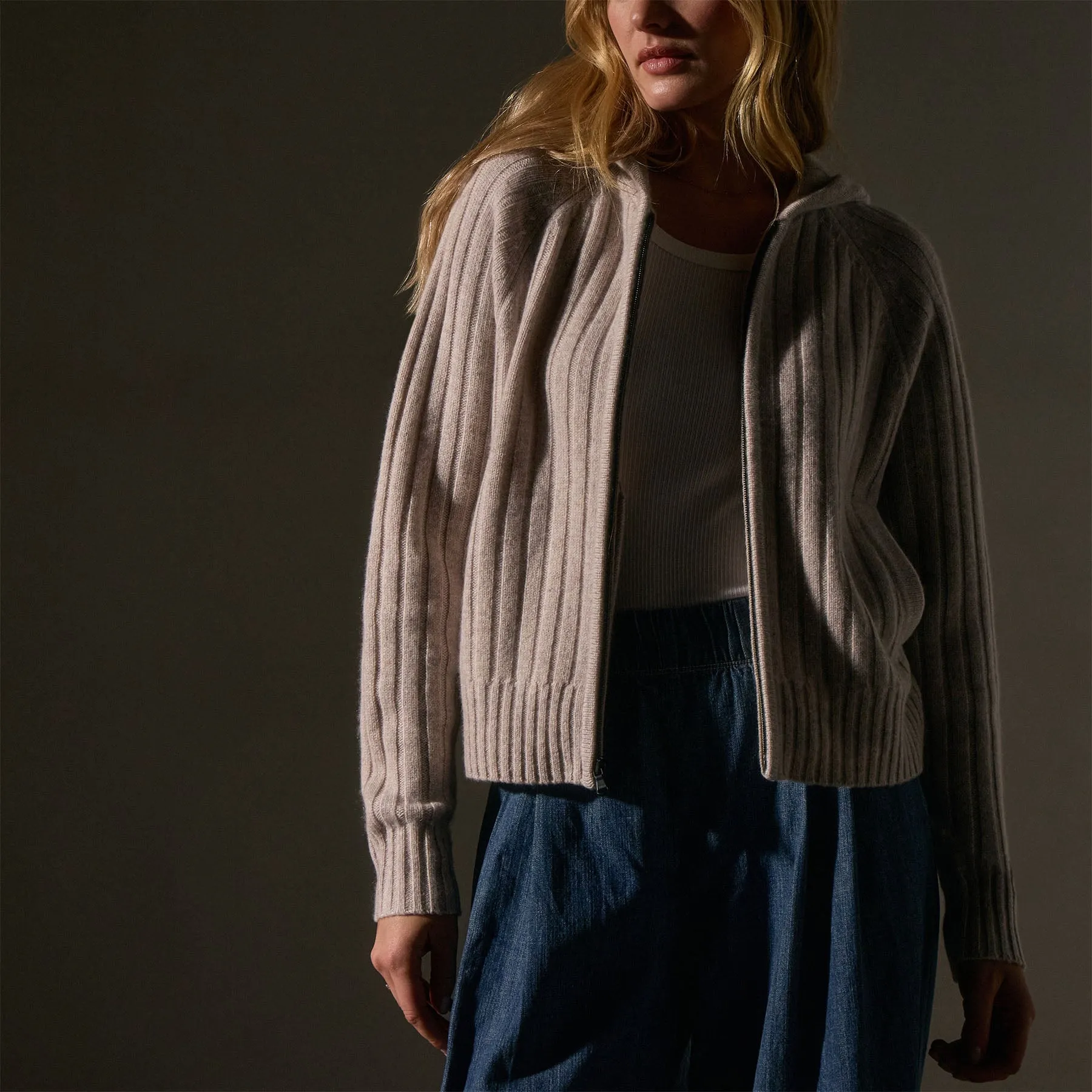 Cashmere Wide Ribbed Hoodie - Soft Beige