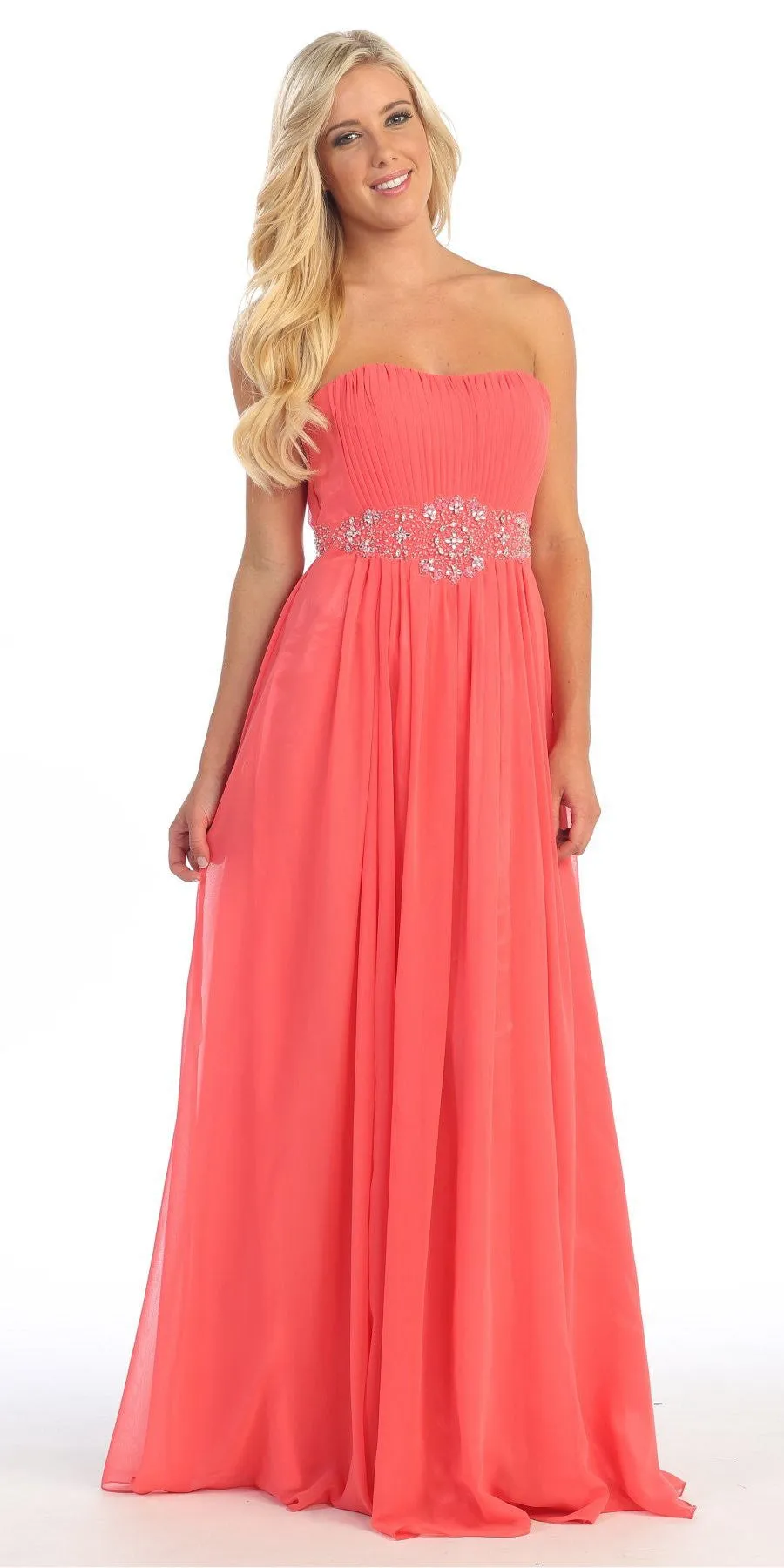 Celavie 3006 A-Line Long Dress Strapless Empire Beaded Waist