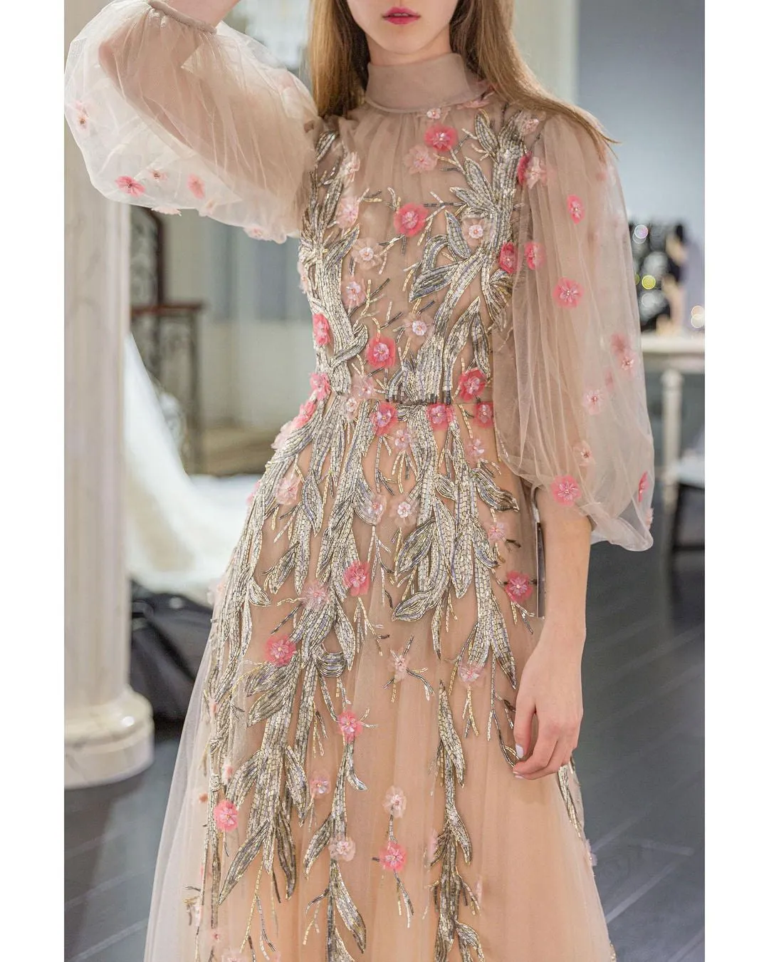 Champagne Prom Dress High Neck Floral Print Dress Sequins Beaded