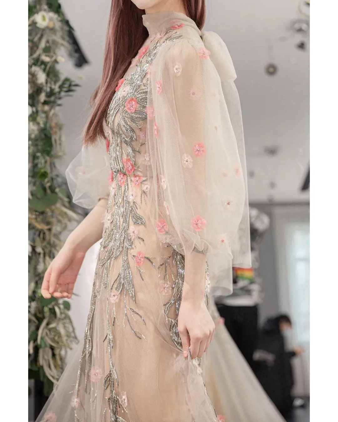 Champagne Prom Dress High Neck Floral Print Dress Sequins Beaded