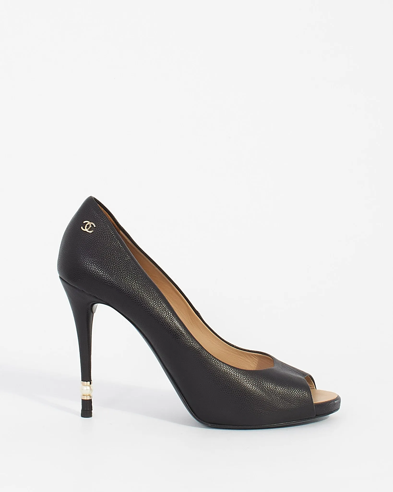 Chanel Black Leather CC Pearl Embellished Heel Peep Toe Pumps - 39.5