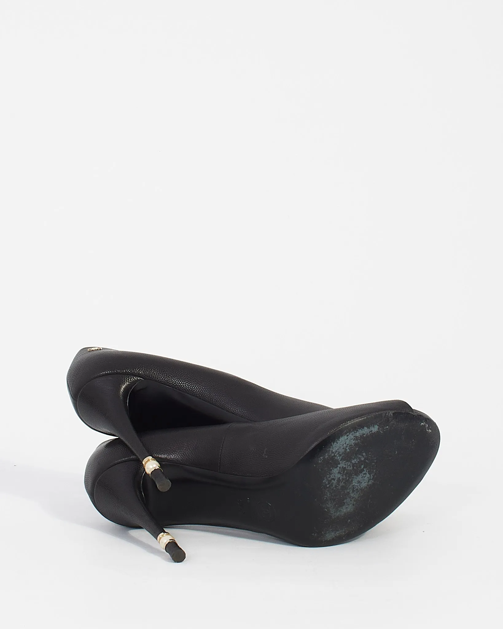 Chanel Black Leather CC Pearl Embellished Heel Peep Toe Pumps - 39.5