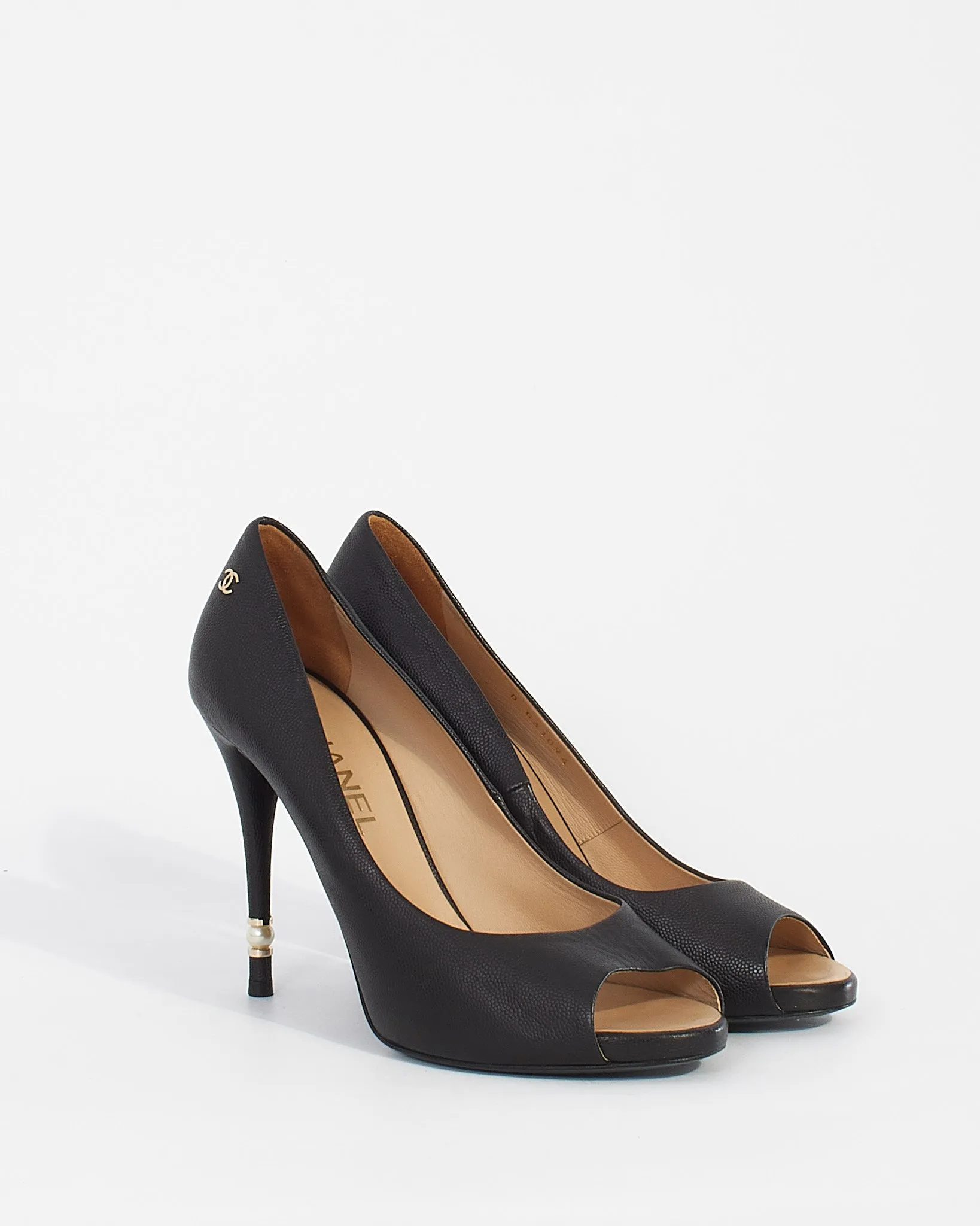 Chanel Black Leather CC Pearl Embellished Heel Peep Toe Pumps - 39.5