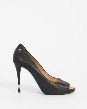 Chanel Black Leather CC Pearl Embellished Heel Peep Toe Pumps - 39.5