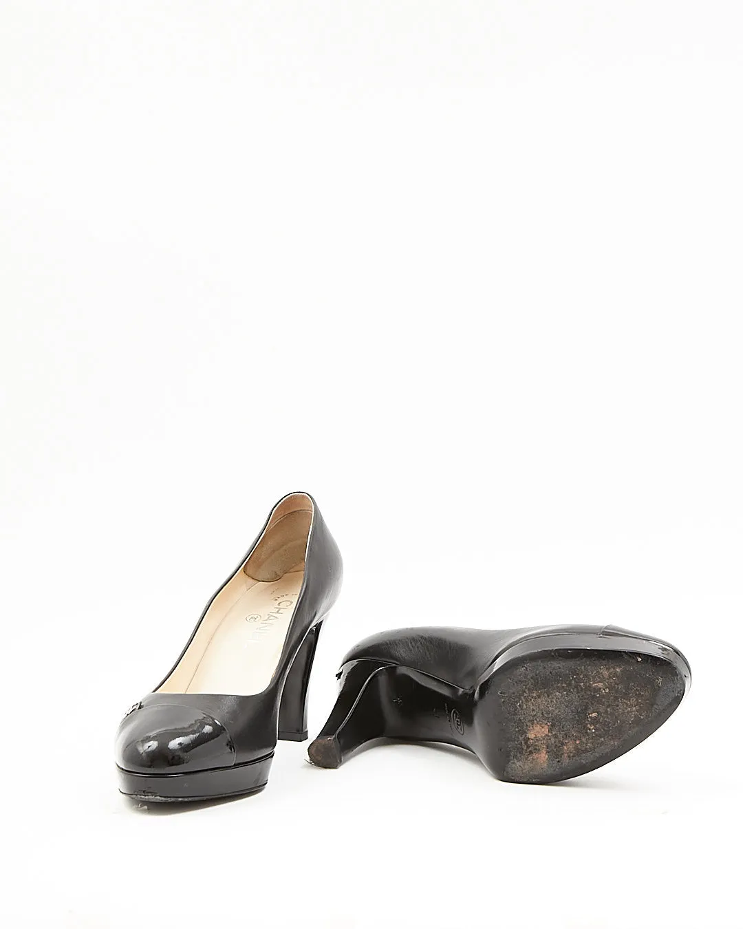 Chanel Black Leather Platform Pumps CC Logo Heels - 41