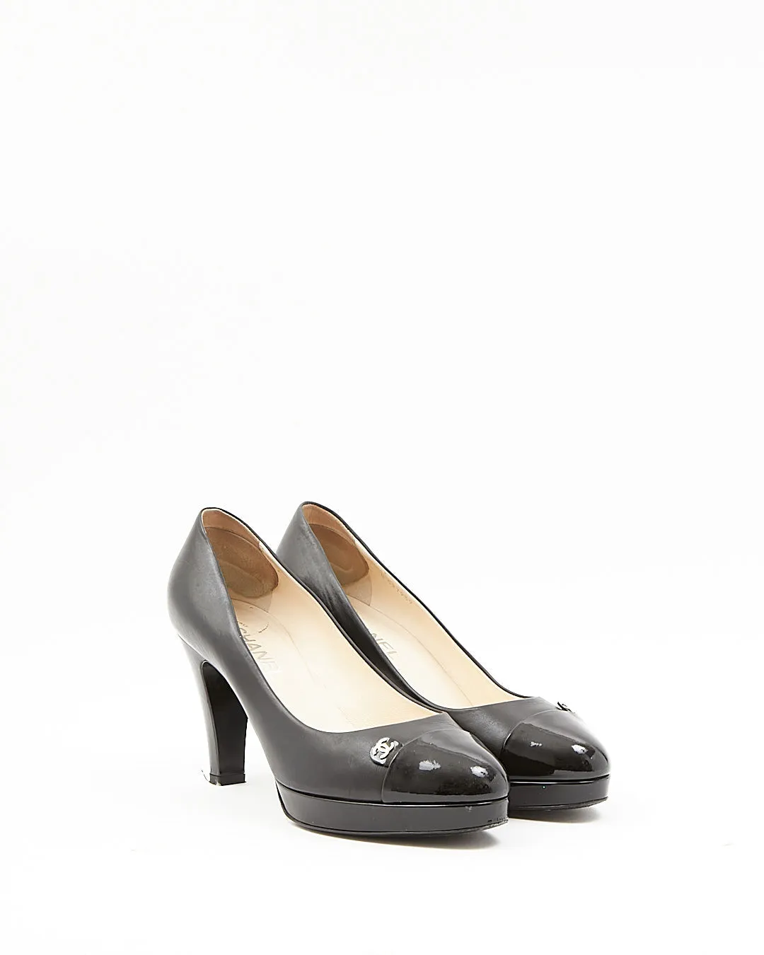 Chanel Black Leather Platform Pumps CC Logo Heels - 41