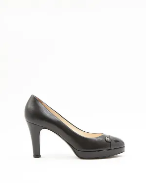 Chanel Black Leather Platform Pumps CC Logo Heels - 41
