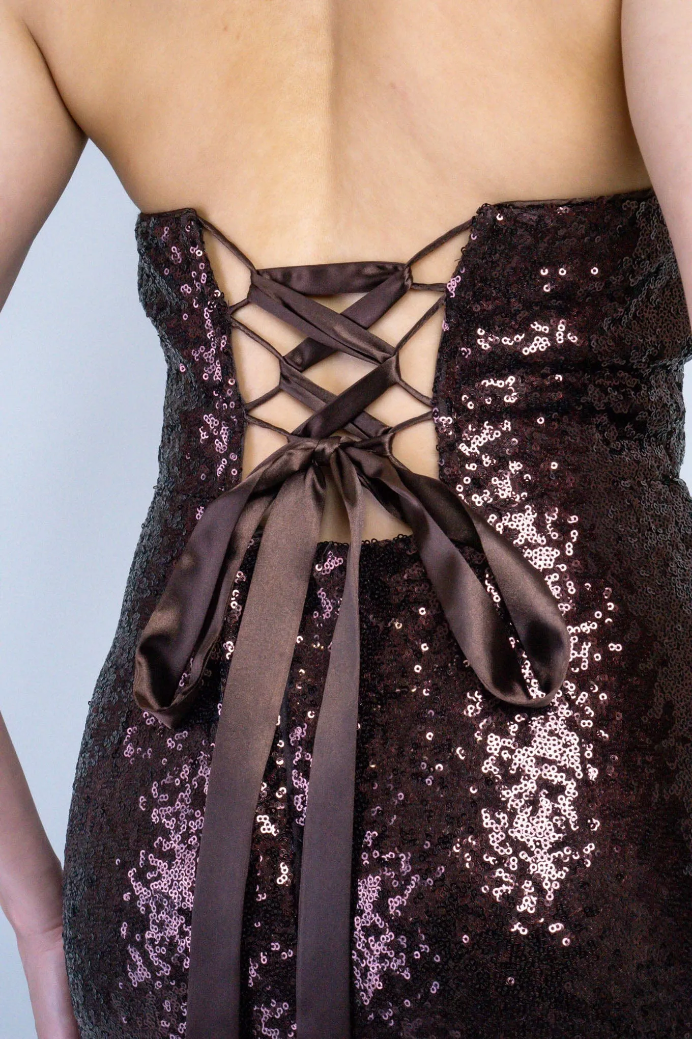 Chocolate Sequin Sweetheart Strapless Gown
