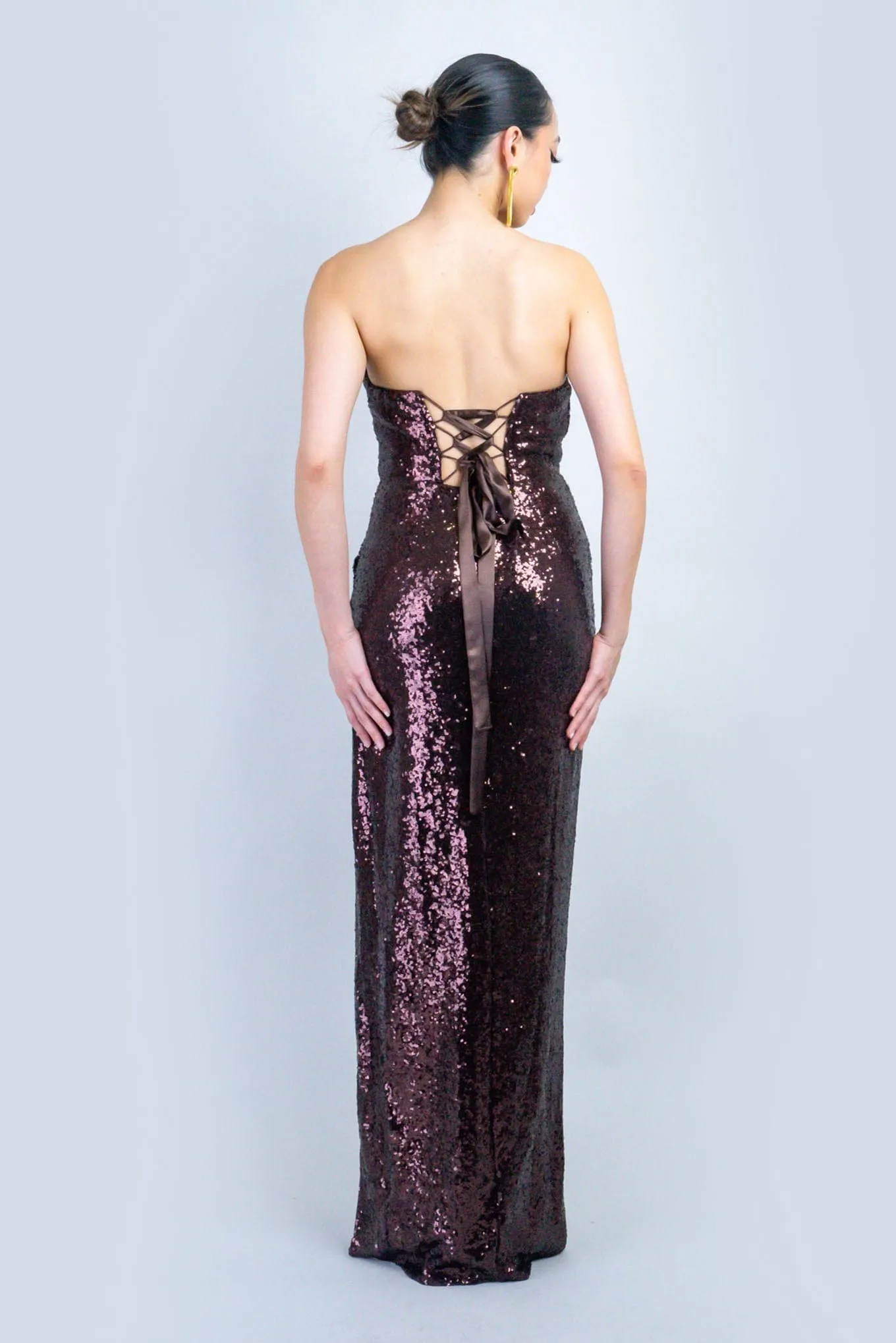 Chocolate Sequin Sweetheart Strapless Gown