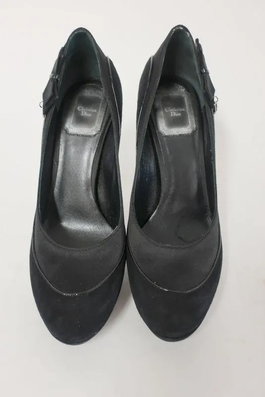 Christian Dior D Charm Pump Black Suede & Satin Size 37 Platform Heel