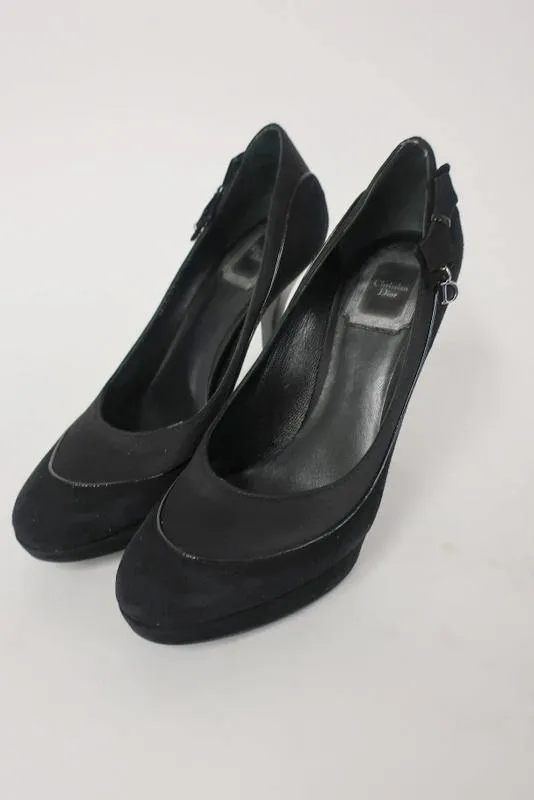 Christian Dior D Charm Pump Black Suede & Satin Size 37 Platform Heel