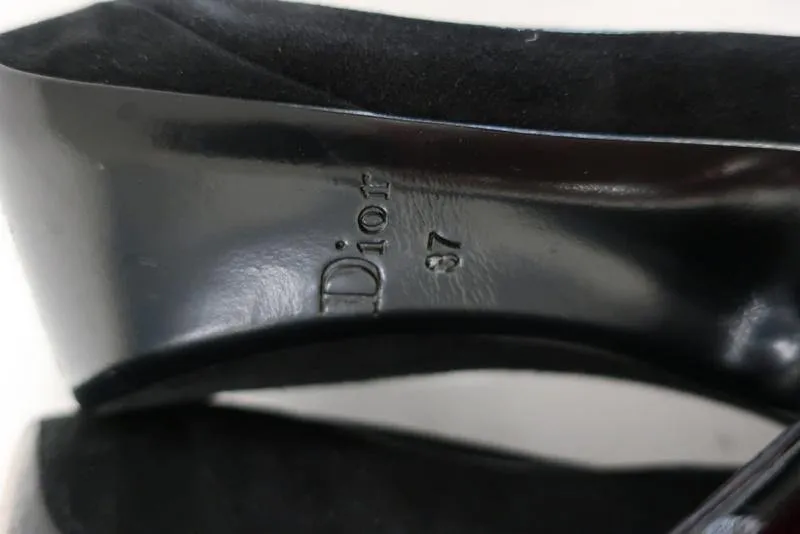 Christian Dior D Charm Pump Black Suede & Satin Size 37 Platform Heel
