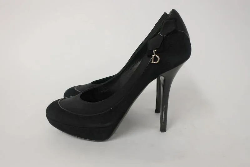Christian Dior D Charm Pump Black Suede & Satin Size 37 Platform Heel