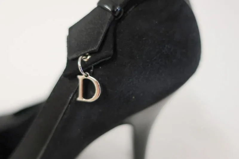 Christian Dior D Charm Pump Black Suede & Satin Size 37 Platform Heel