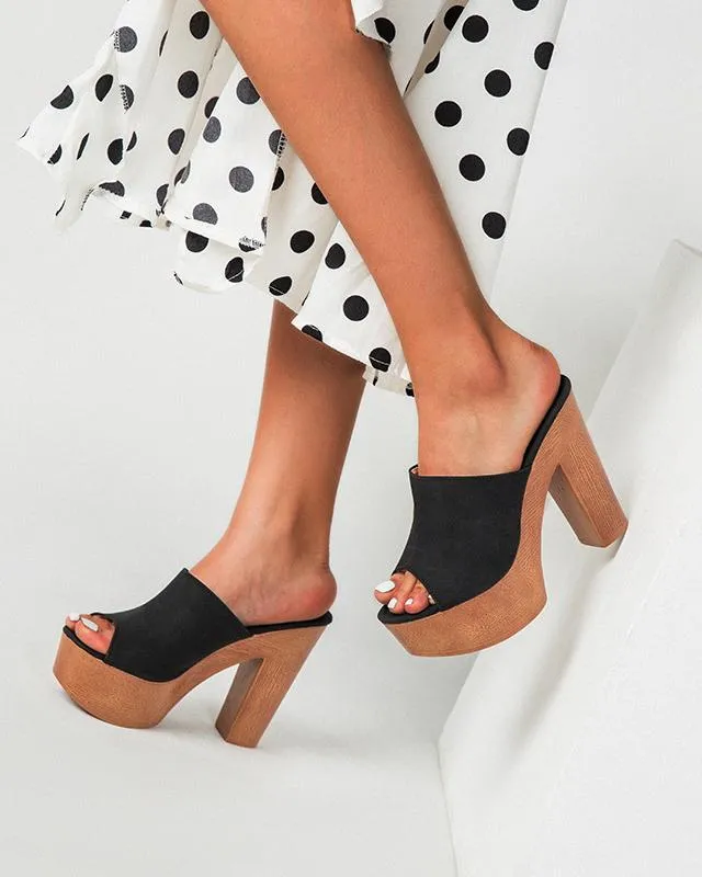 Chunky Heel Peep Toe Mule Sandals -Black