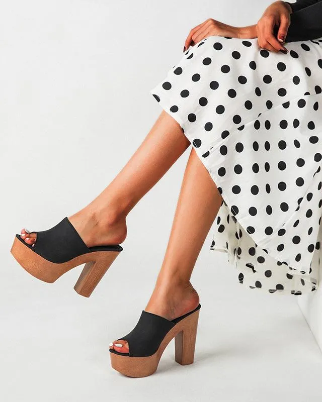 Chunky Heel Peep Toe Mule Sandals -Black