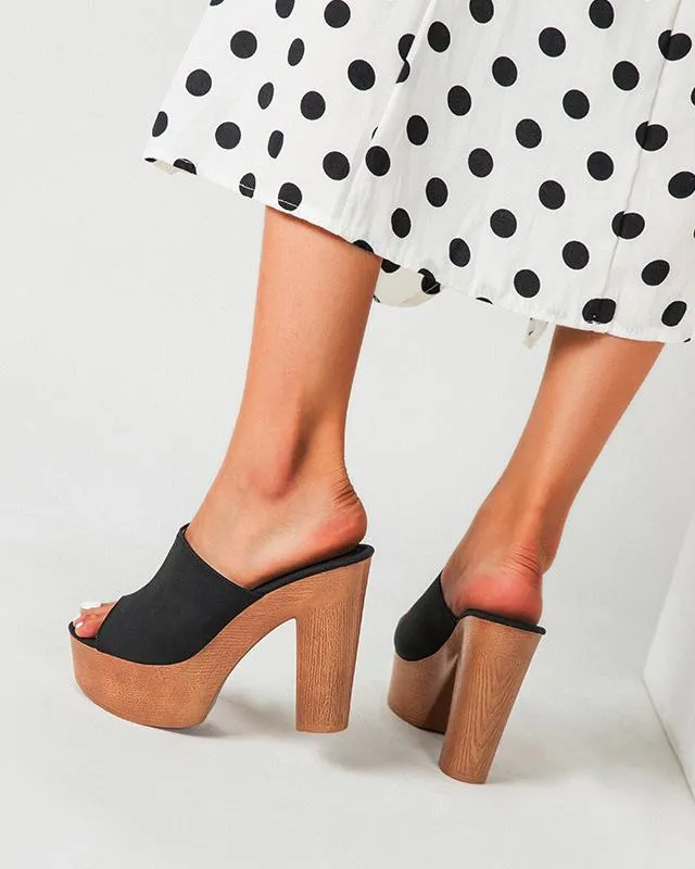 Chunky Heel Peep Toe Mule Sandals -Black
