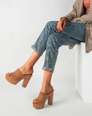 Chunky Heel Peep Toe Mule Sandals - Brown