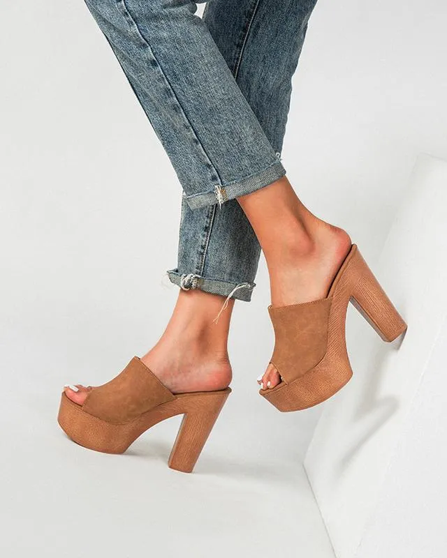 Chunky Heel Peep Toe Mule Sandals - Brown